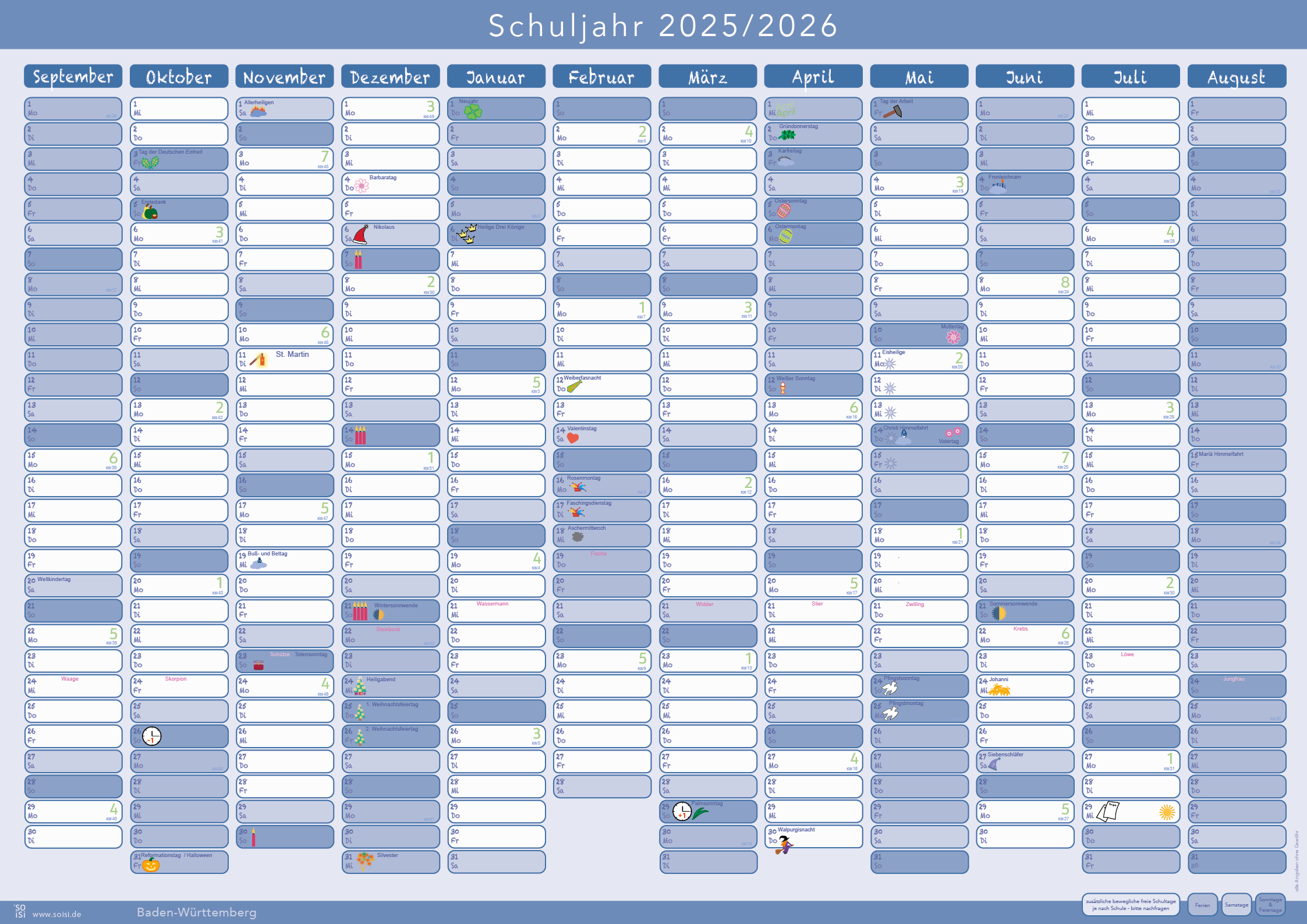 Schuljahresplaner Baden-Württemberg 25/26, DIN-A2, gefaltet